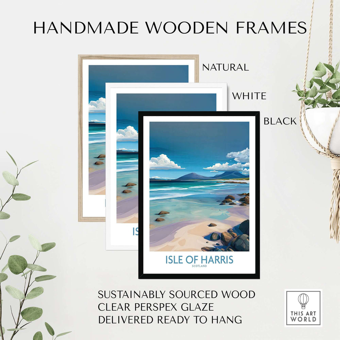 Handmade wooden frames in natural, white, and black for Isle of Harris poster, sustainably sourced and ready to hang.