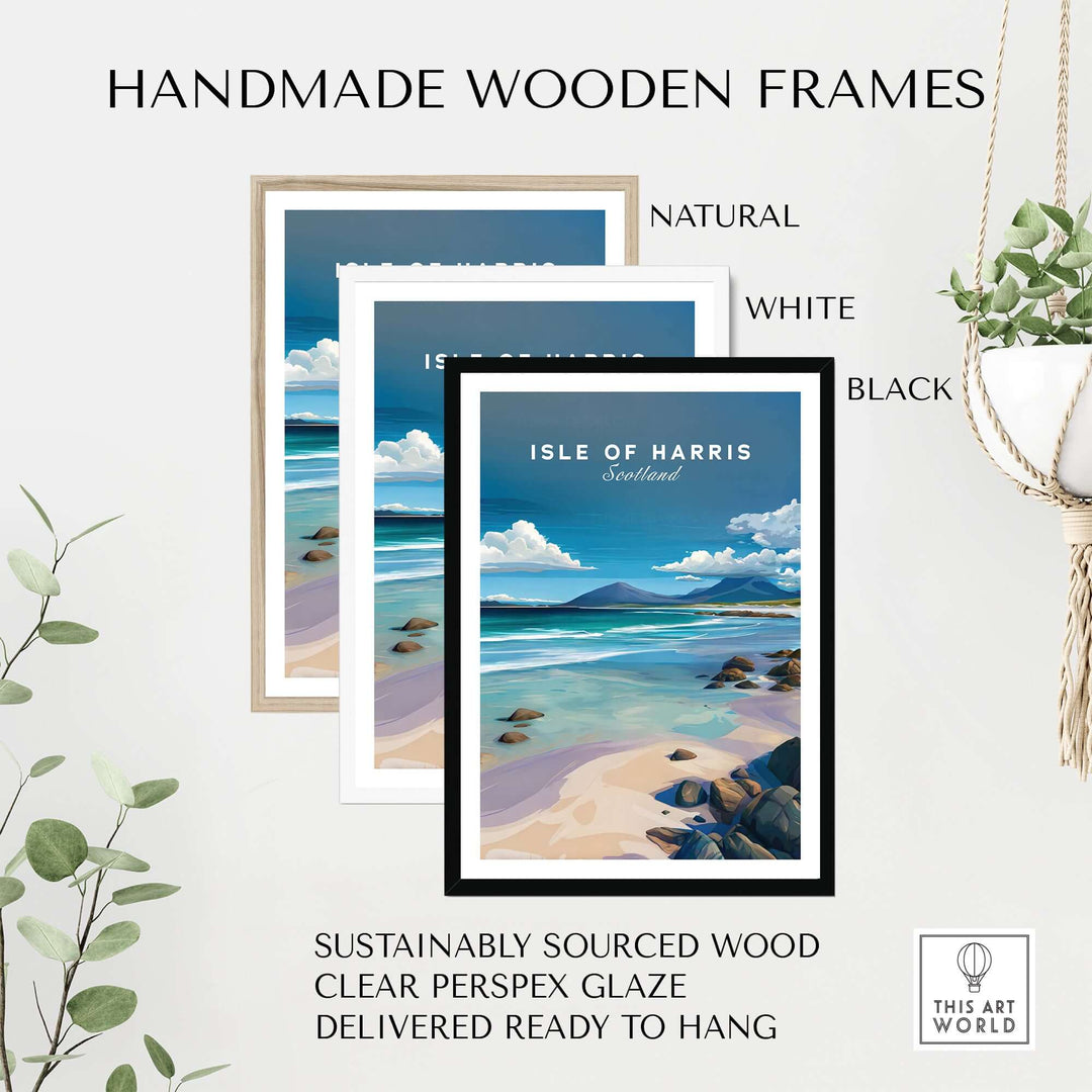 Handmade wooden frames in natural, white, and black for Isle of Harris beach print, made with sustainable materials.