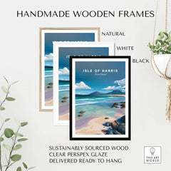 Isle of Harris Scotland Blue Sky Beach Print - Rocky Coastline Wall Art displayed in handmade wooden frames.