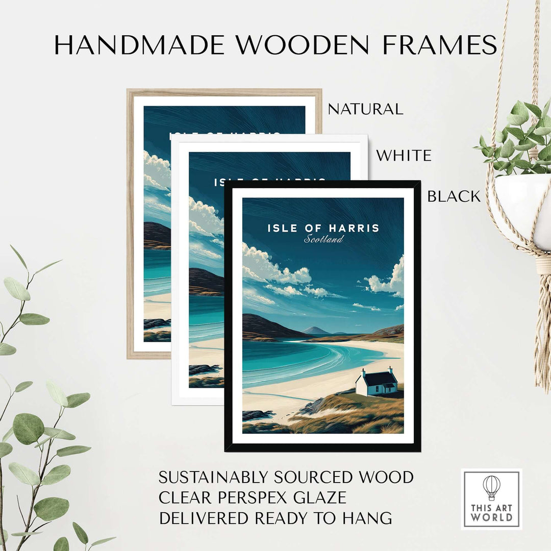Handmade wooden frames in natural, white, and black for Isle of Harris seascape poster, sustainably sourced wood.