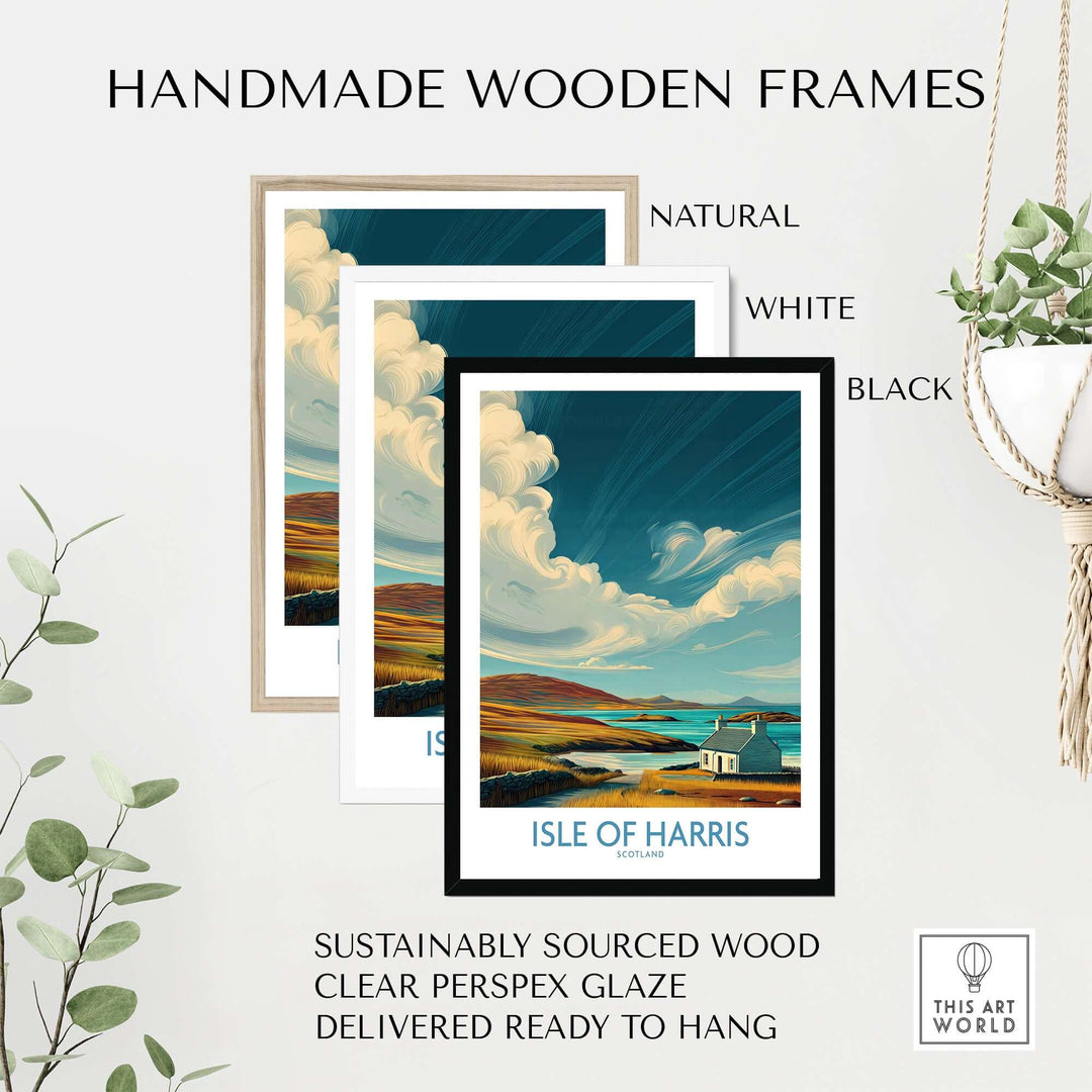Handmade wooden frames in natural, white, and black for Isle of Harris poster, made from sustainably sourced wood.