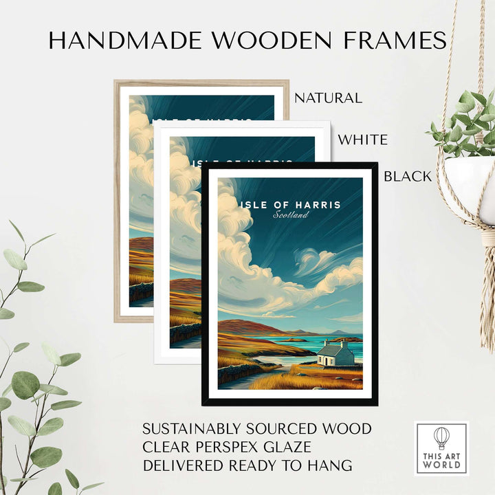 Handmade wooden frames in natural, white, and black for Isle of Harris print, sustainably sourced and ready to hang.