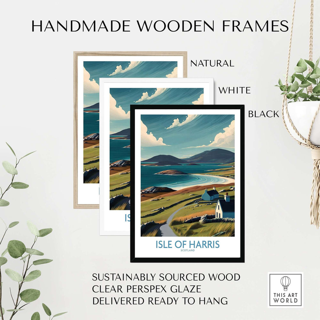 Handmade wooden frames in natural, white, and black options for Isle of Harris poster, showcasing sustainable materials.