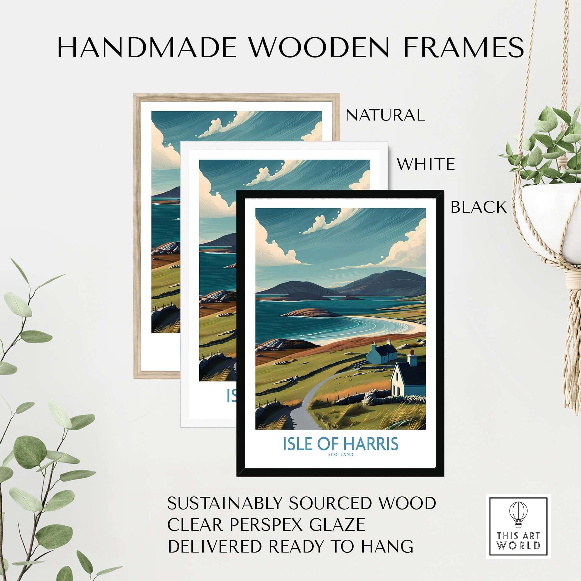 Handmade wooden frames for artwork featuring Isle of Harris Scotland Hebridean Landscape Poster - Remote Scottish Island Artwork.