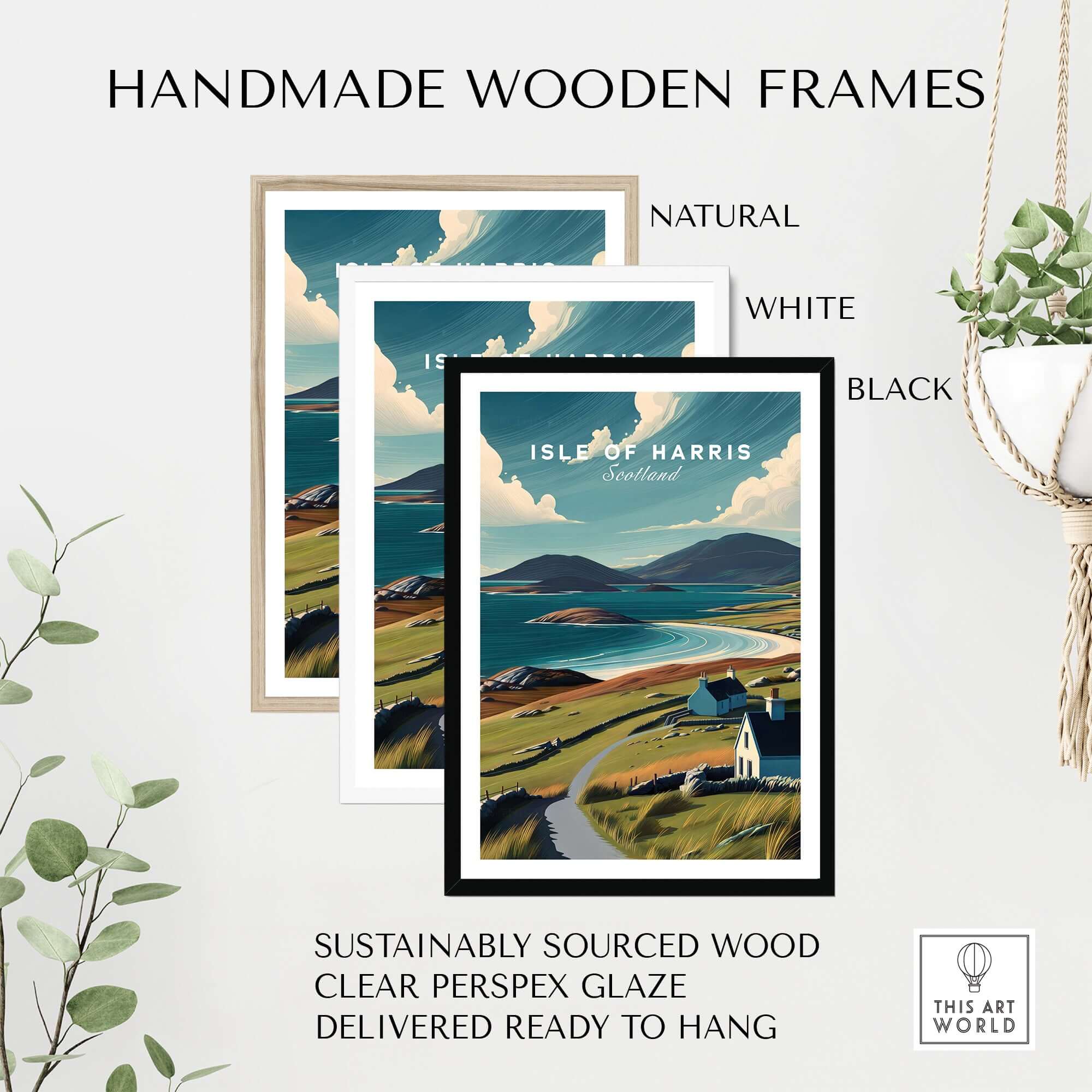Handmade wooden frames for Isle of Harris Scotland Beach Print - Scenic Coastal Wall Art in natural, white, and black.