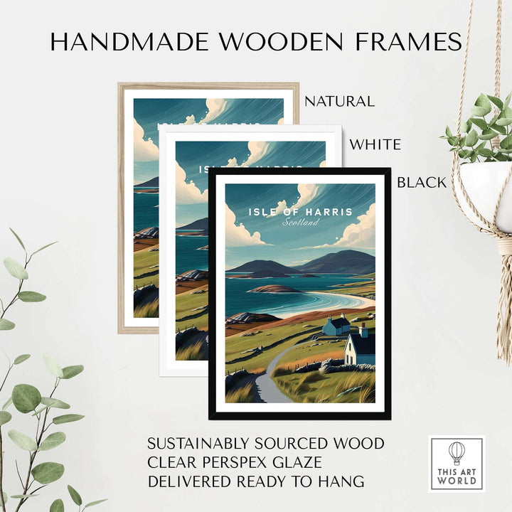 Handmade wooden frames for Isle of Harris wall art, available in natural, white, and black finishes.
