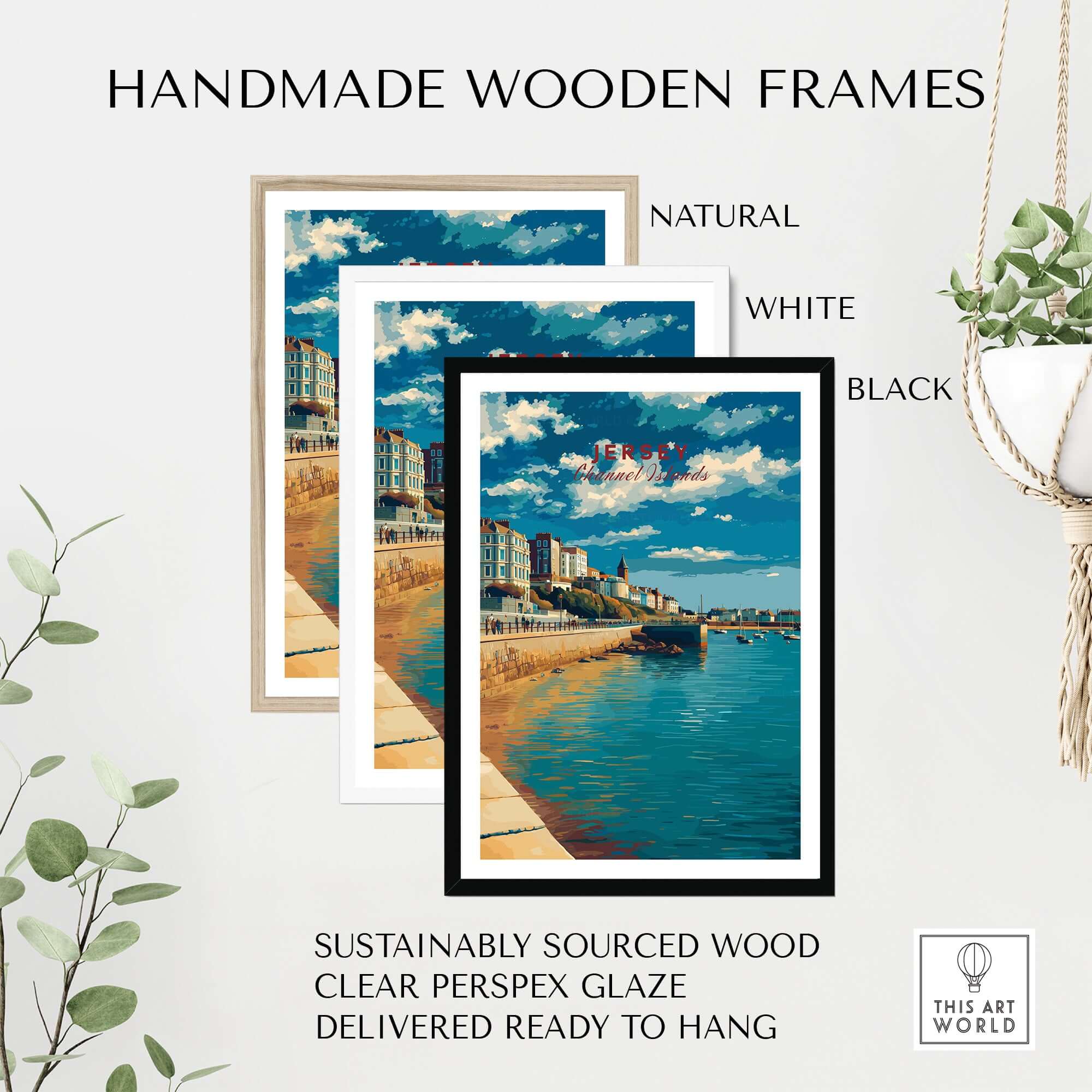 Handmade wooden frames in natural, white, and black colors; stylish display for artwork with sustainable materials.
