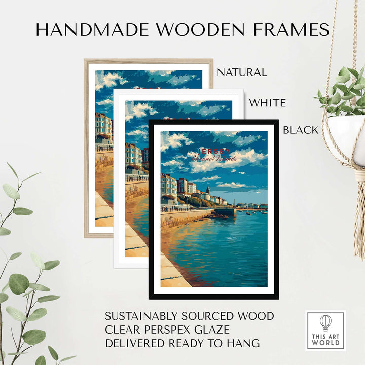 Handmade wooden frames in natural, white, and black, showcasing a Jersey Poster - St Helier Town Marina Print | Seaside Wall Art.
