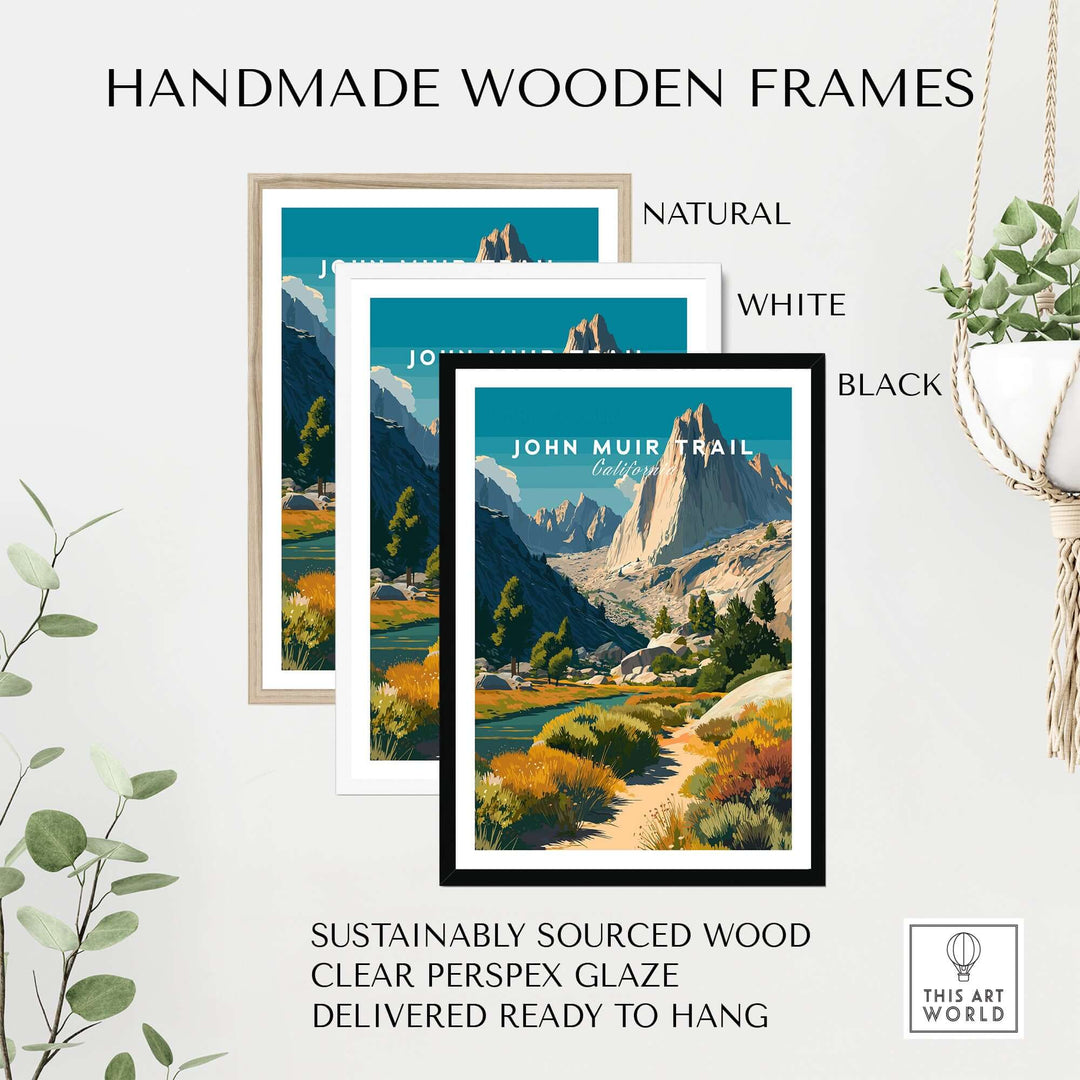 Handmade wooden frames in natural, white, and black for John Muir Trail mountain print wall art.