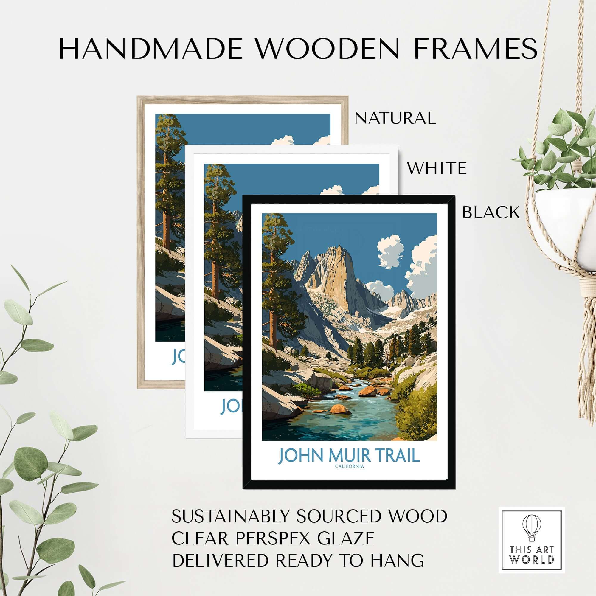 Handmade wooden frames for John Muir Trail California Mountain River Poster - California Hiking Trail Print in natural, white, and black.