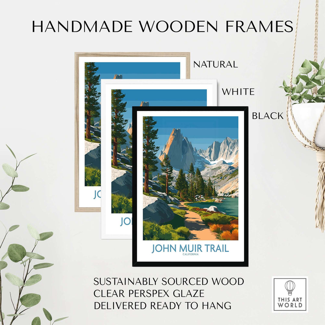 Handmade wooden frames for John Muir Trail wall art, available in natural, white, and black finishes.