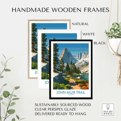 Handmade wooden frames for John Muir Trail California Serene Lake Wall Art - Sierra Nevada Travel Print.