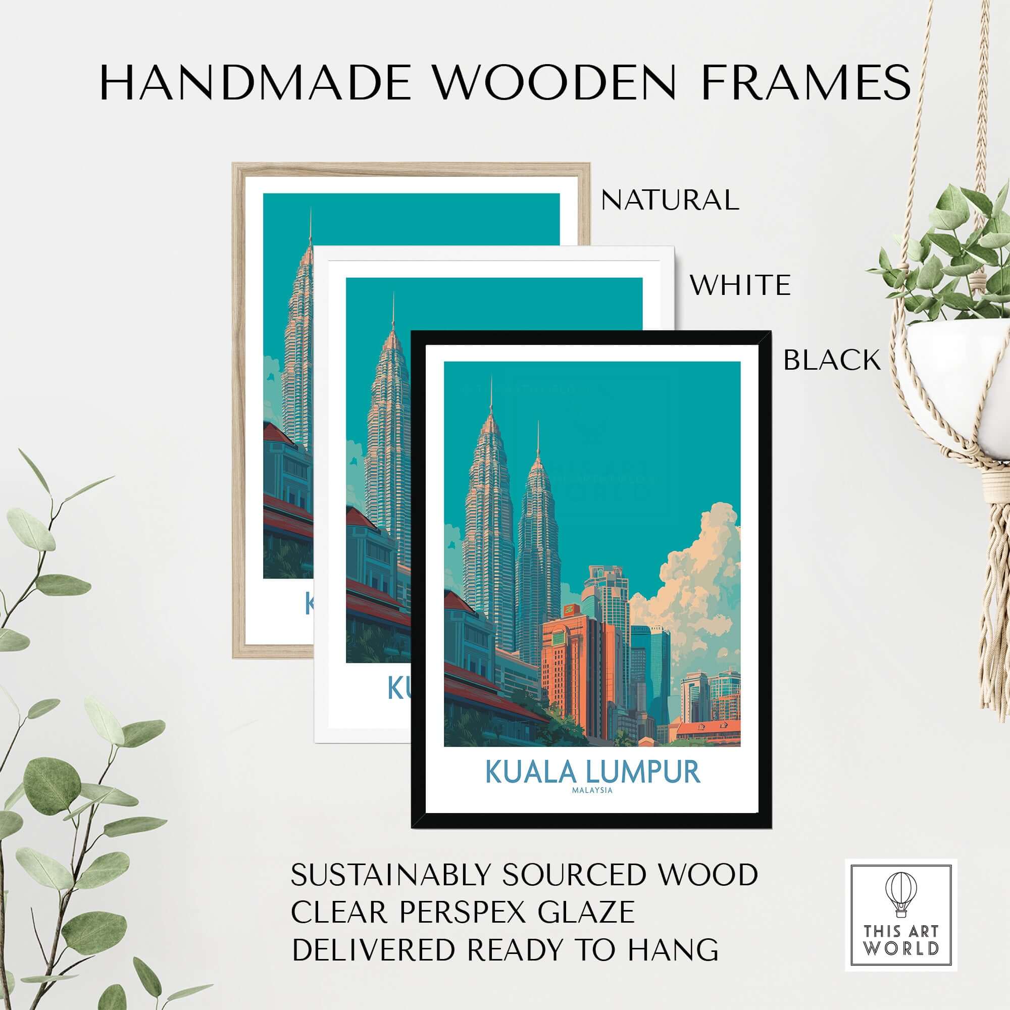 Handmade wooden frames for Kuala Lumpur Malaysia Urban Cityscape Poster - Malaysian Capital Art Print showcasing different colors.