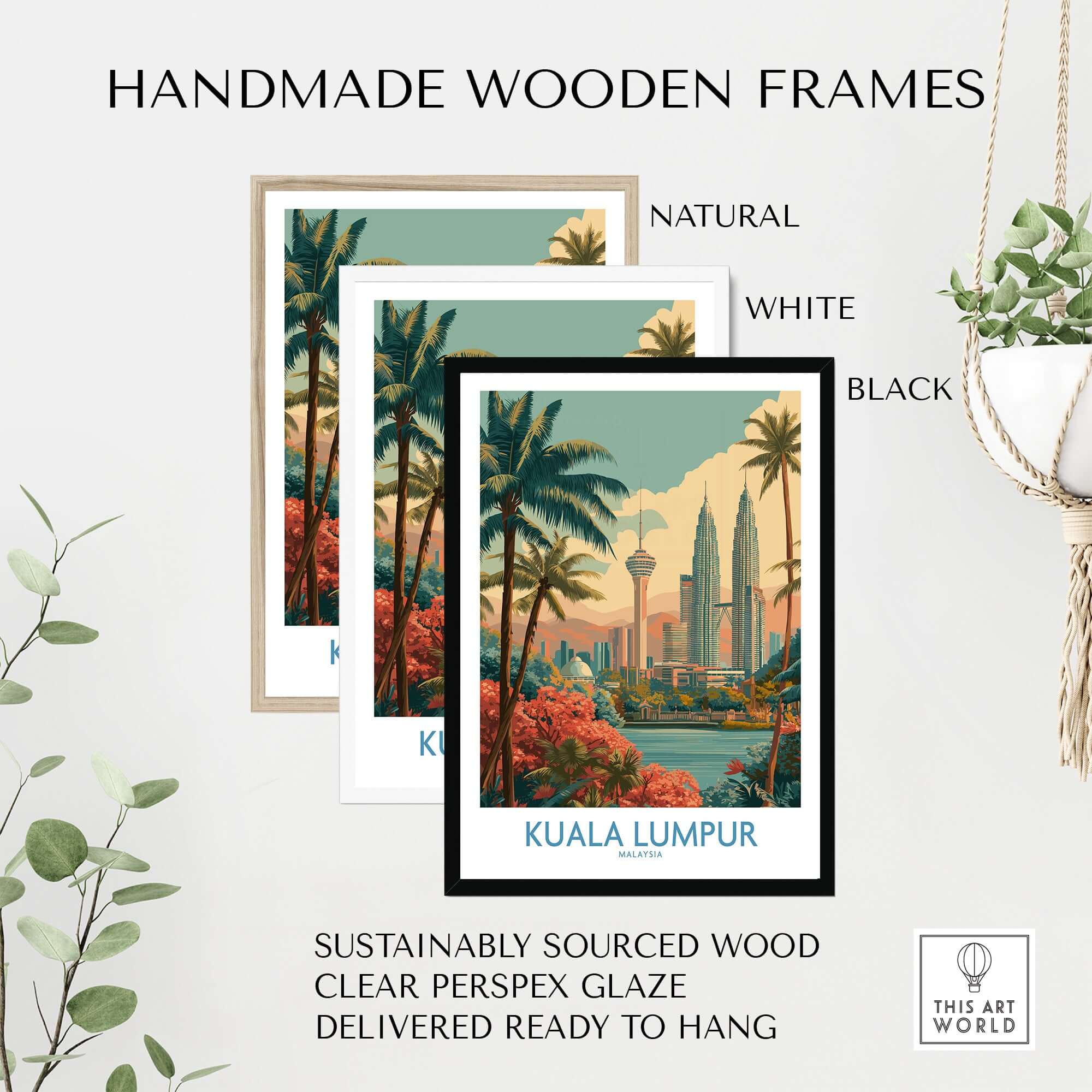 Kuala Lumpur Poster Malaysia Skyline - Malaysian Urban Travel Print displayed in handmade wooden frames in natural, white, and black.