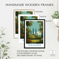 Kuala Lumpur Malaysia Skyline Poster - Malaysian Capital Wall Art displayed in handmade wooden frames.