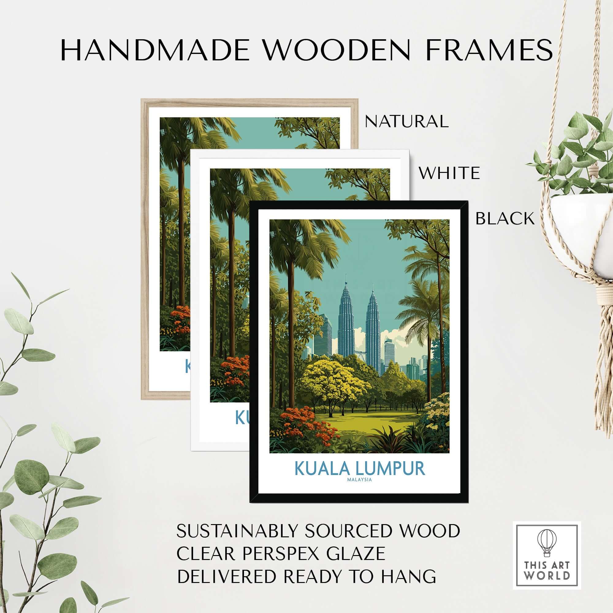 Kuala Lumpur Malaysia Skyline Poster - Malaysian Capital Wall Art displayed in handmade wooden frames.