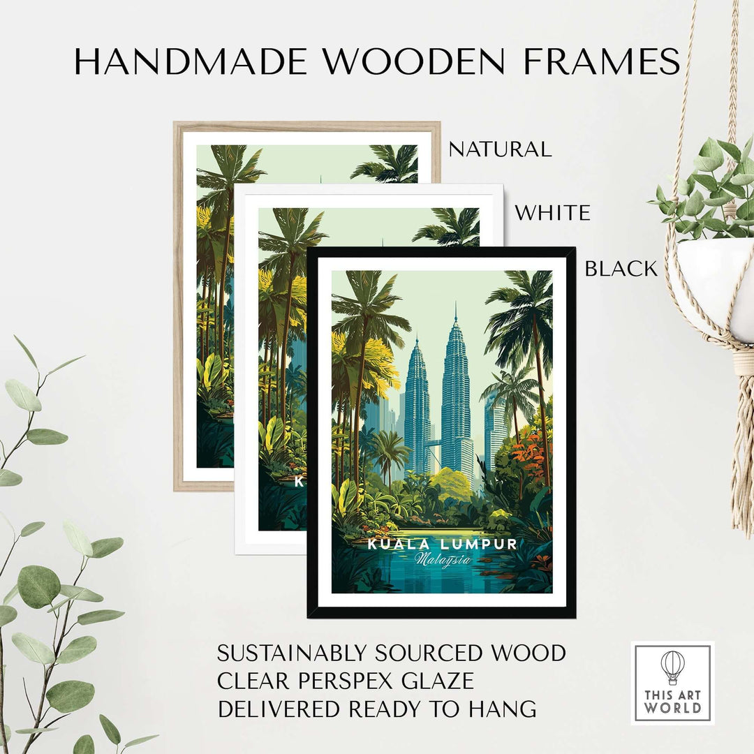 Handmade wooden frames in natural, white, and black colors featuring a Kuala Lumpur cityscape print.