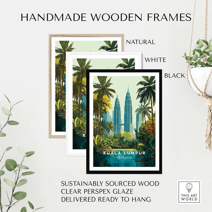 Handmade wooden frames in natural, white, and black colors featuring a Kuala Lumpur cityscape print.