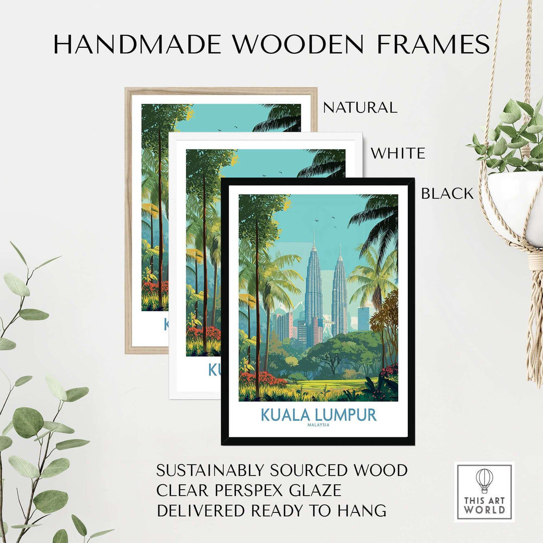 Handmade wooden frames in natural, white, and black for Kuala Lumpur Skyline Poster, sustainably sourced and ready to hang.
