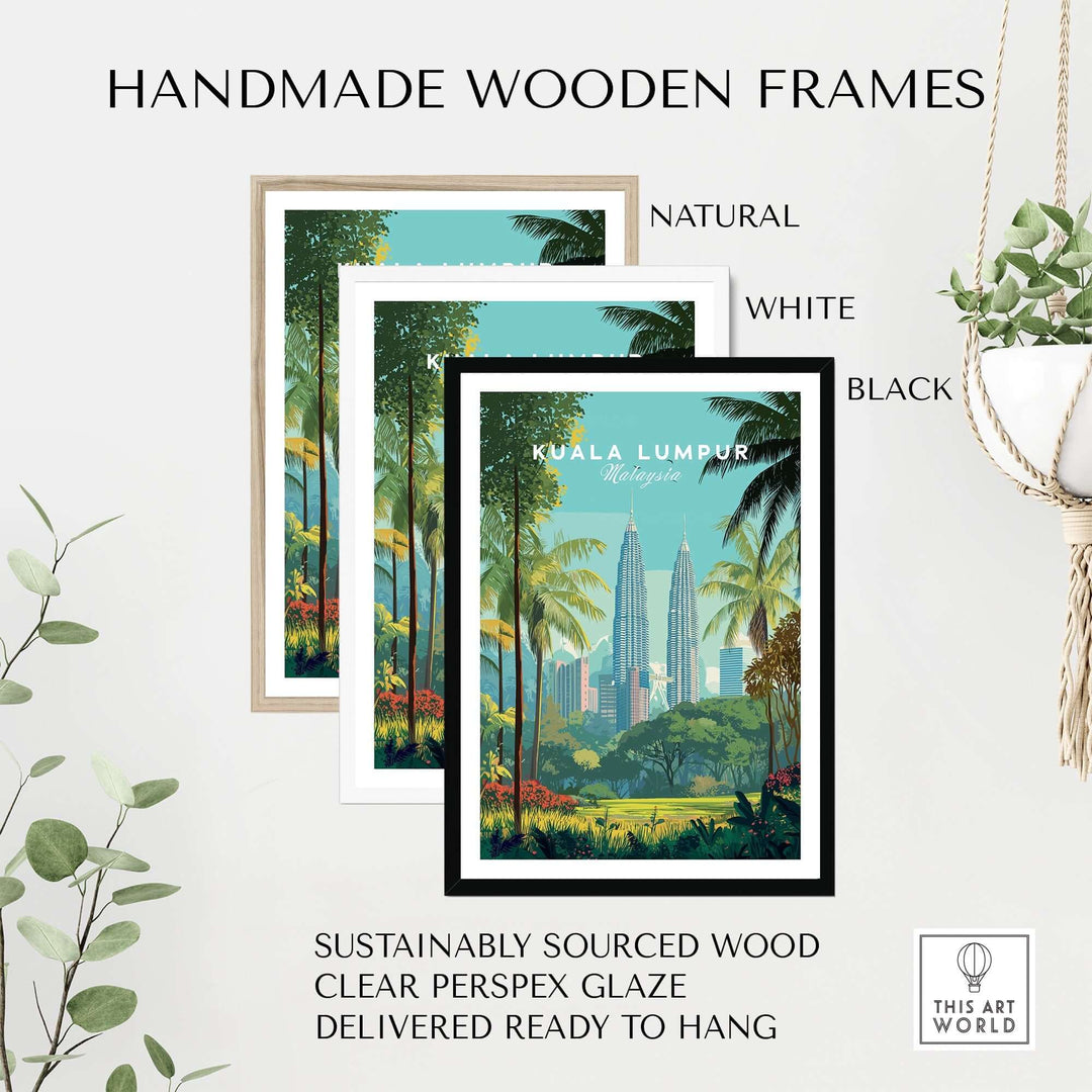 Handmade wooden frames in natural, white, and black styles for Kuala Lumpur wall art, made from sustainably sourced wood.