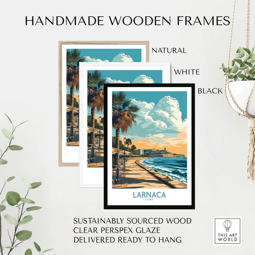 Handmade wooden frames in natural, white, and black options for Larnaca sunset poster, featuring sustainable materials.