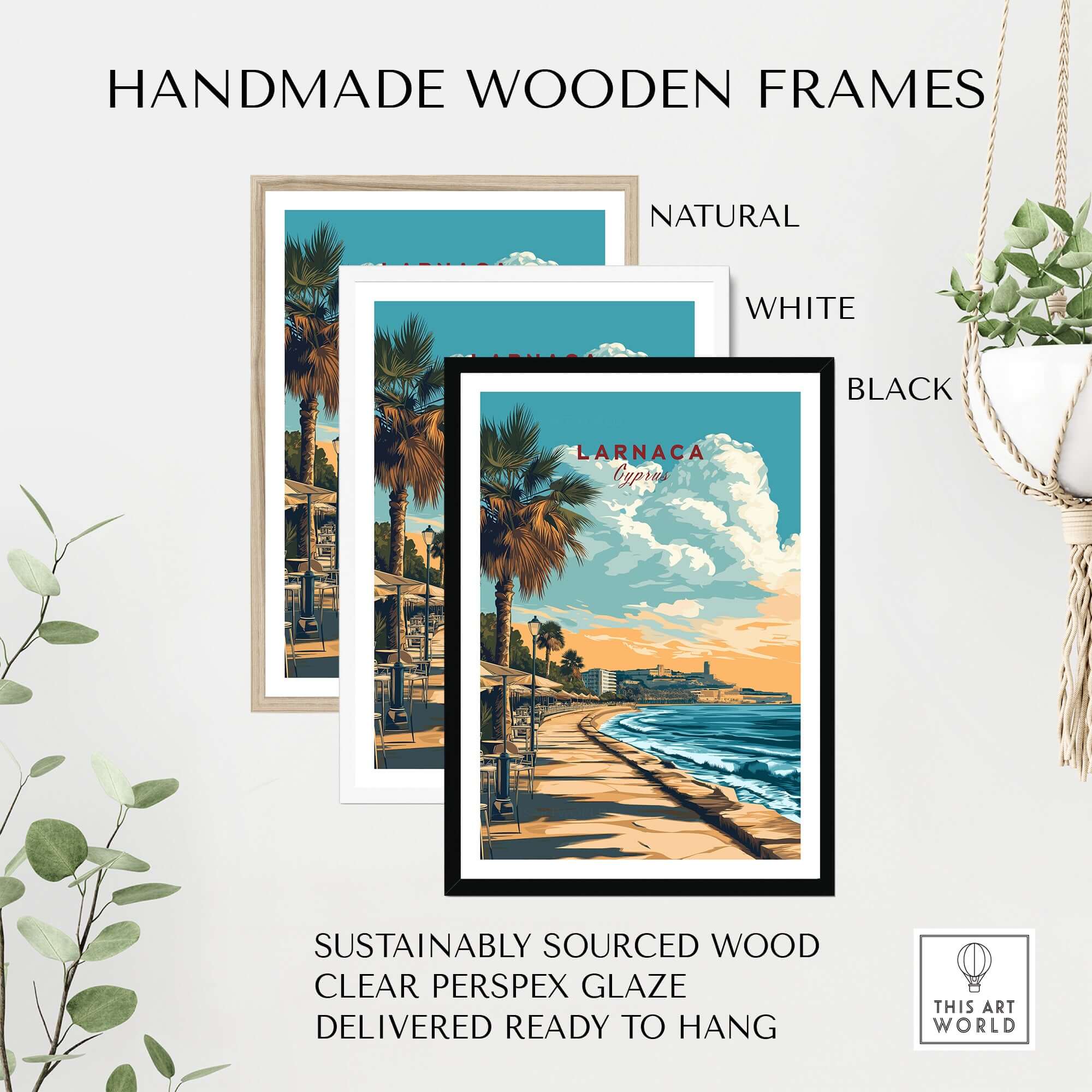 Handmade wooden frames in natural, white, and black showcasing Larnaca Print Cyprus Beachfront Promenade - Mediterranean Coastal Wall Art.