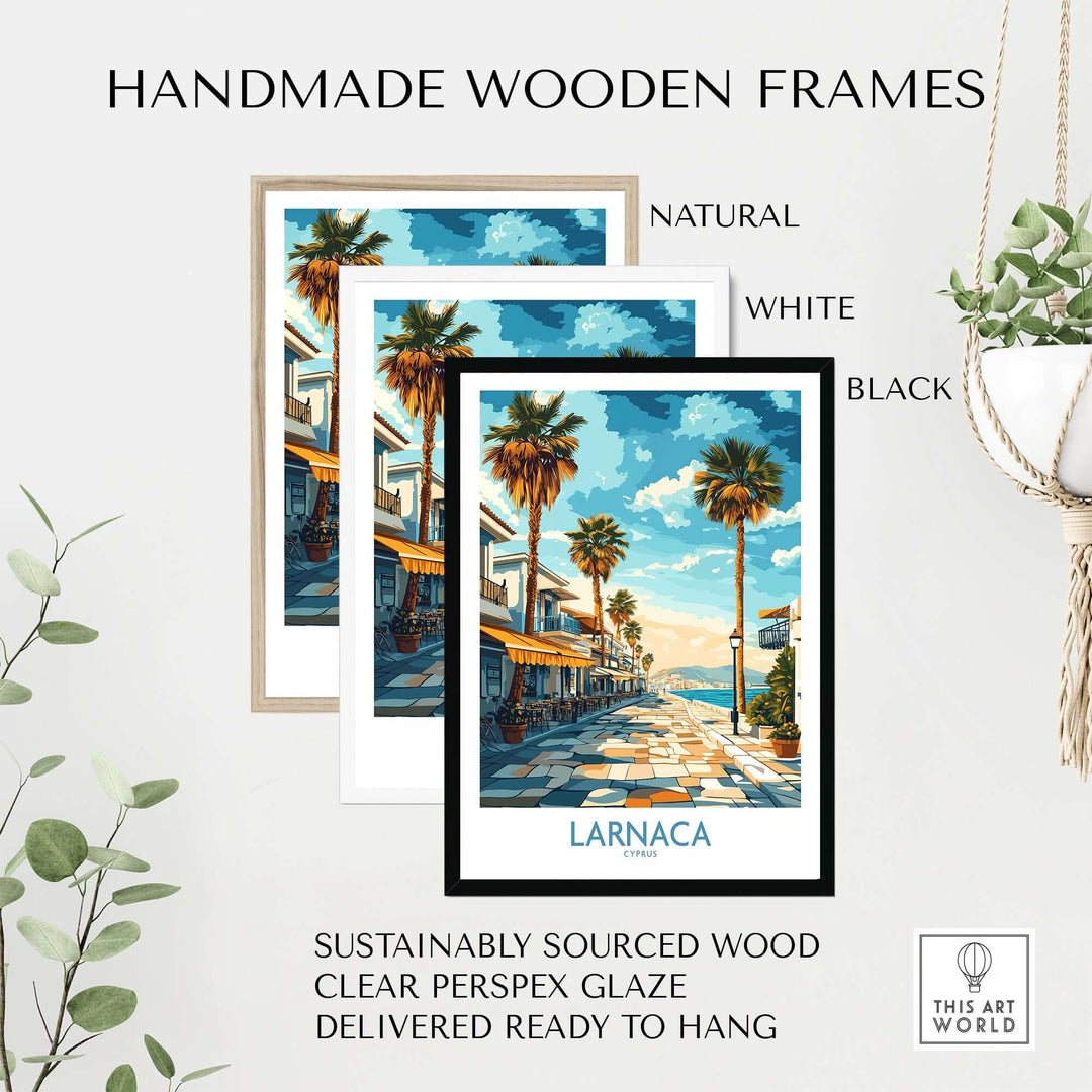 Handmade wooden frames in natural, white, and black for Larnaca wall art, featuring clear perspex glaze and sustainable wood.
