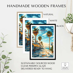 Larnaca Cyprus Poster - Travel Print displayed in handmade wooden frames in natural, white, and black finishes.
