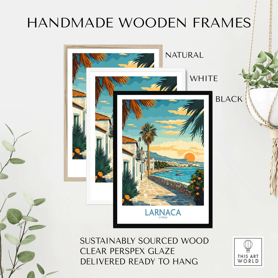 Handmade wooden frames in natural, white, and black; featuring Larnaca Cyprus wall art with coastal sunset design.
