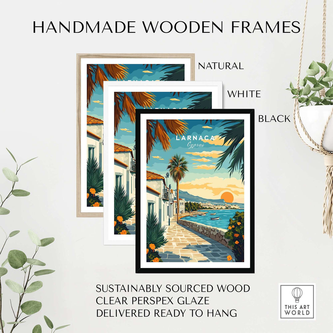Handmade wooden frames for Mediterranean sunset prints in natural, white, and black finishes.