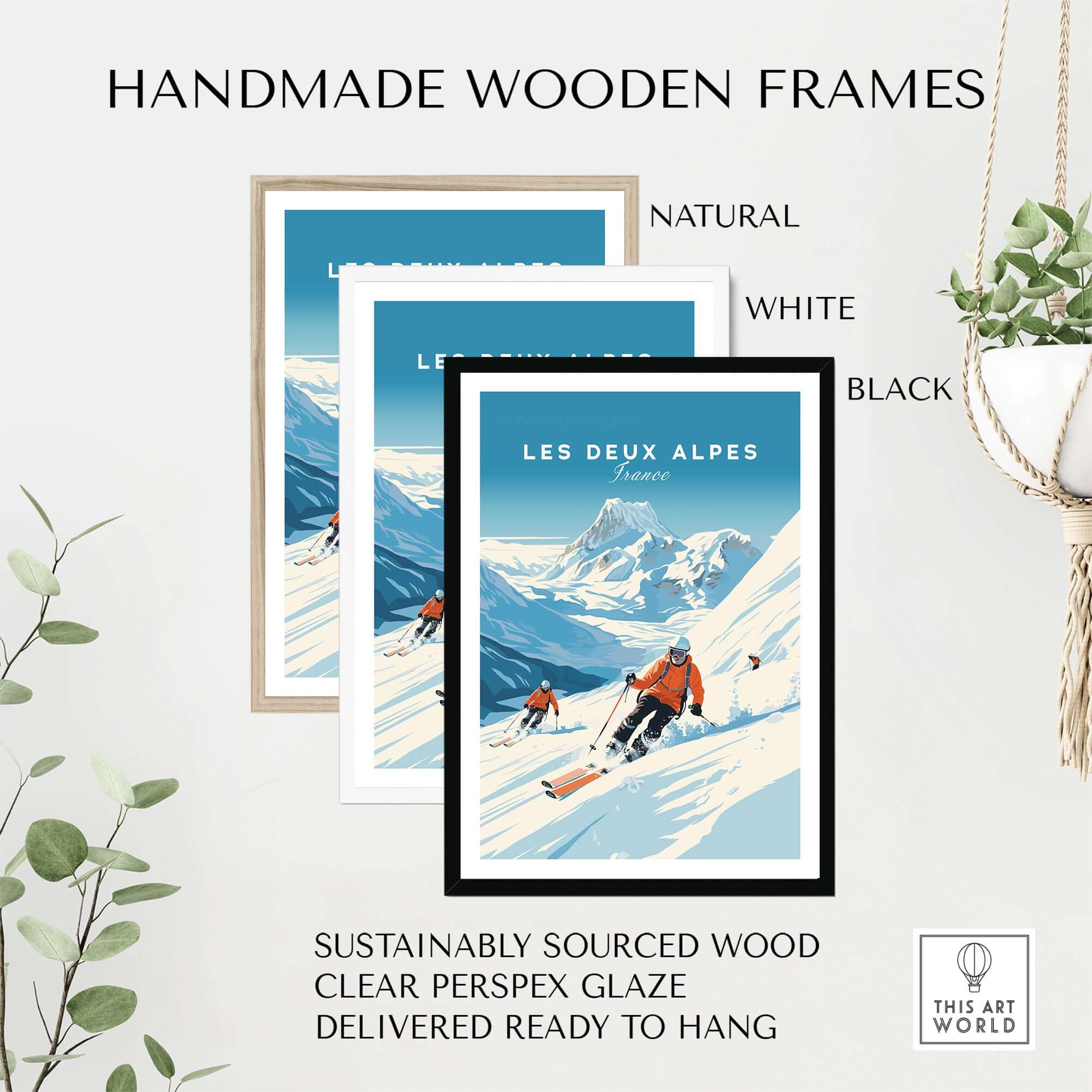 Handmade wooden frames in natural, white, and black for Les Deux Alpes travel poster, made from sustainably sourced wood.