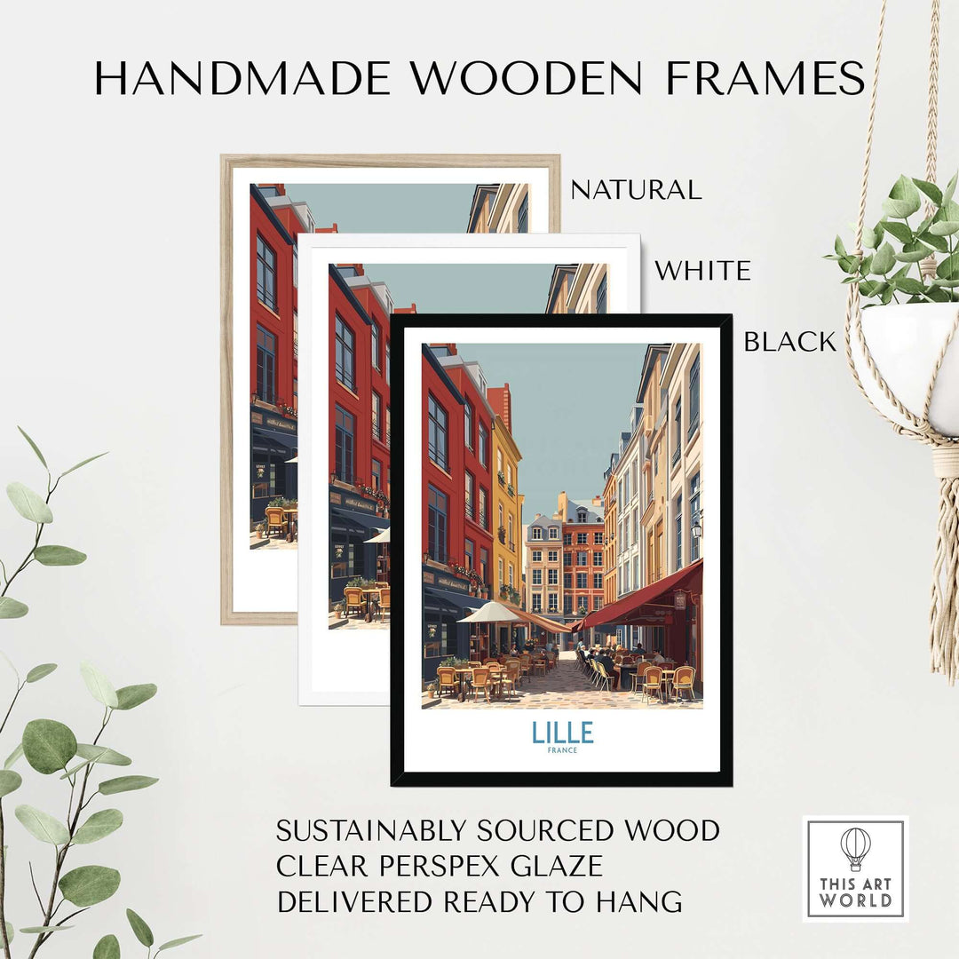 Handmade wooden frames in natural, white, and black for Lille France café culture poster, ready to hang.