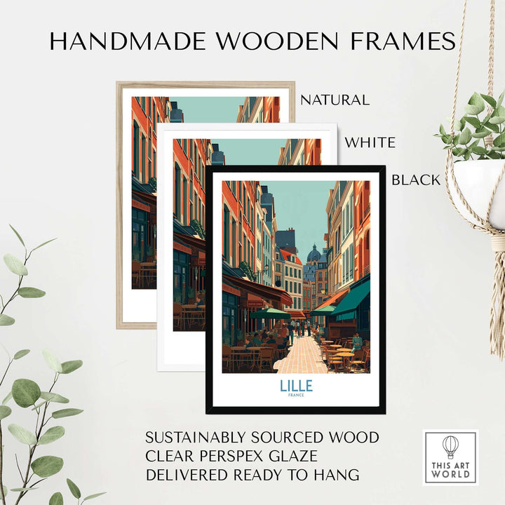 Handmade wooden frames in natural, white, and black for Lille France wall art, featuring sustainable materials and ready to hang.
