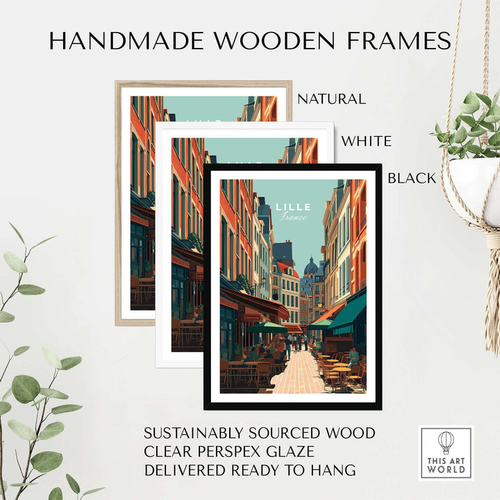 Three handmade wooden frames in natural, white, and black for Lille France Old Town Square poster.