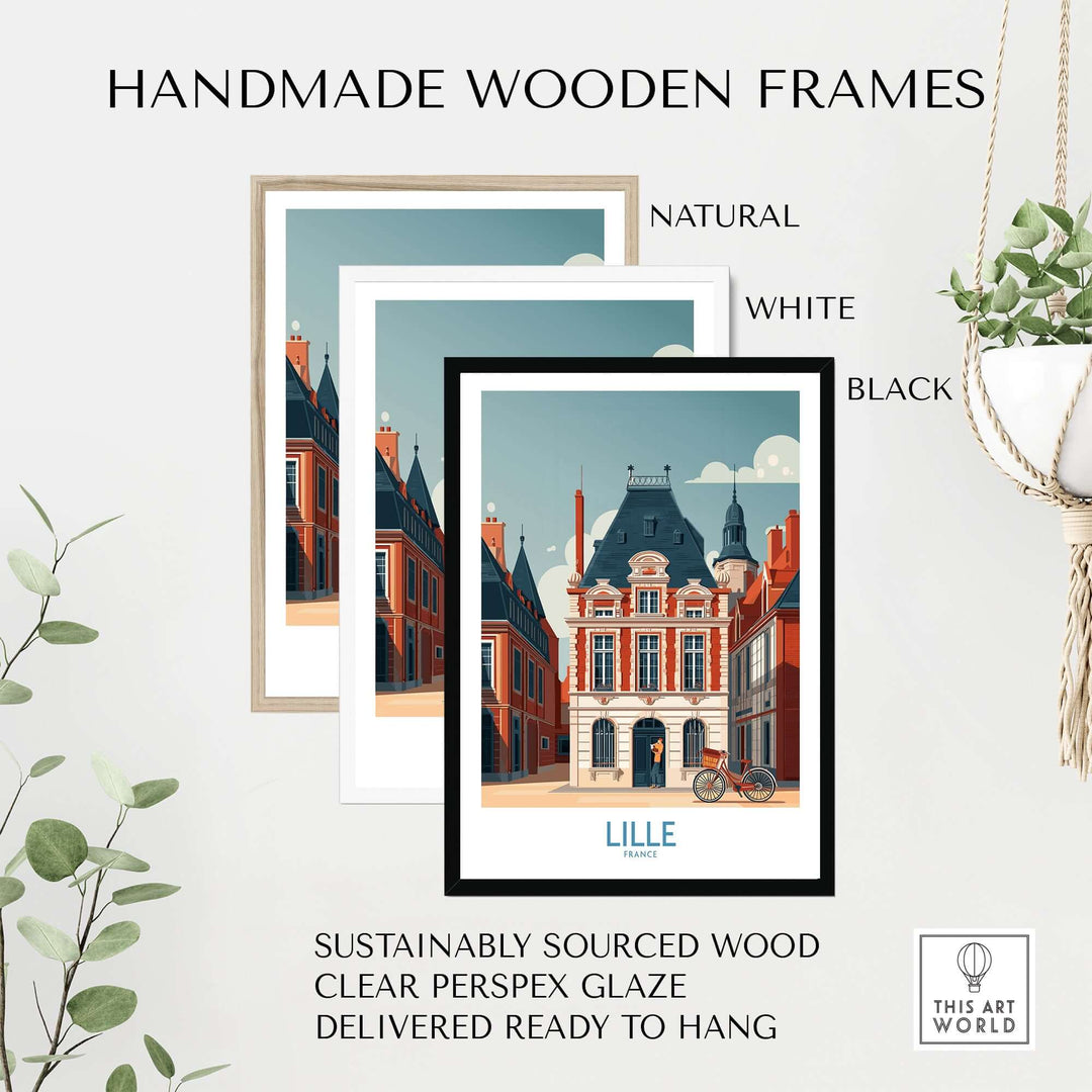 Handmade wooden frames in natural, white, and black for Lille, France poster, showcasing elegant design and sustainable materials.