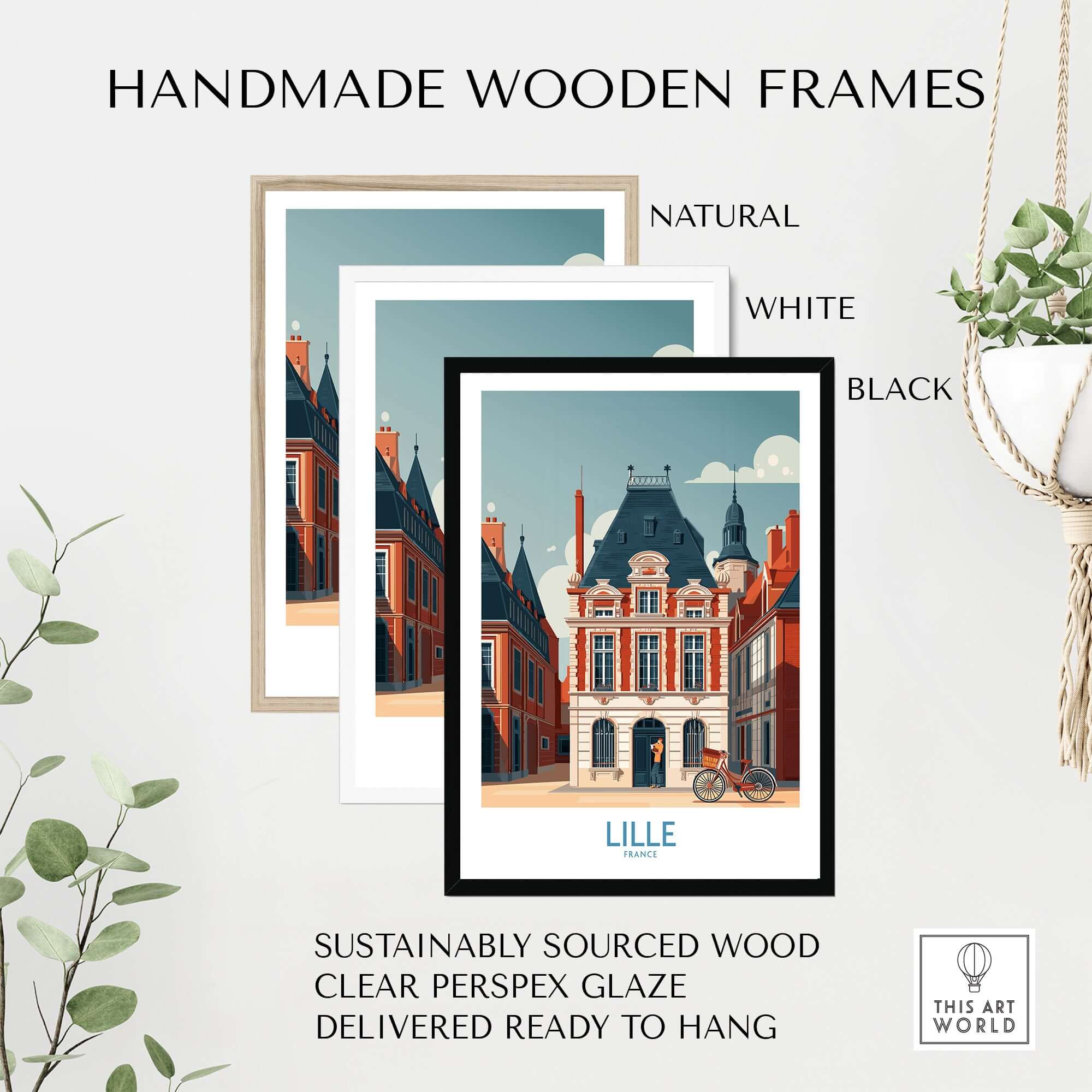 Lille France Poster - Charming European City Scene displayed in handmade wooden frames in natural, white, and black.
