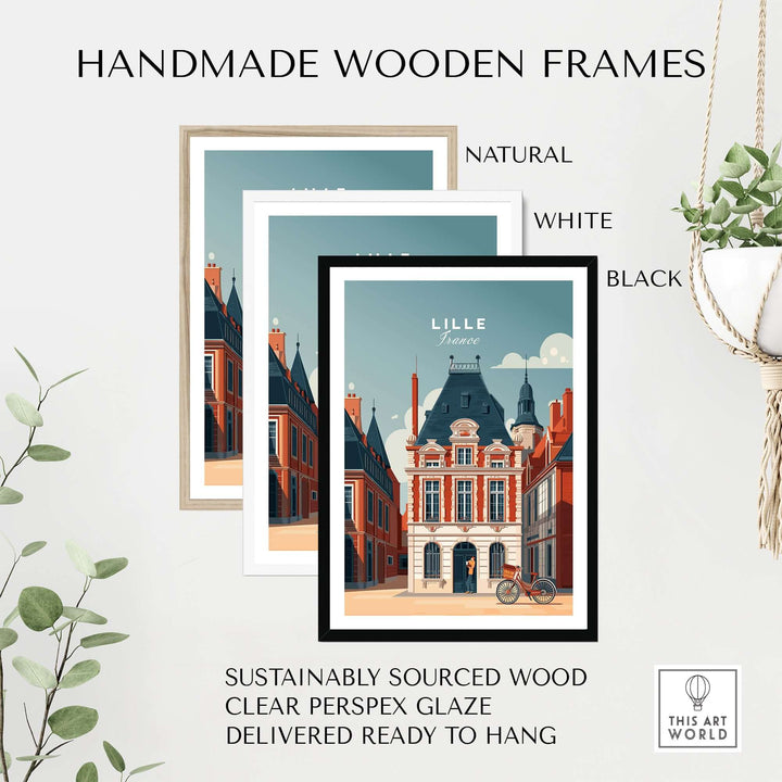 Handmade wooden frames in natural, white, and black for Lille France historical architecture print.