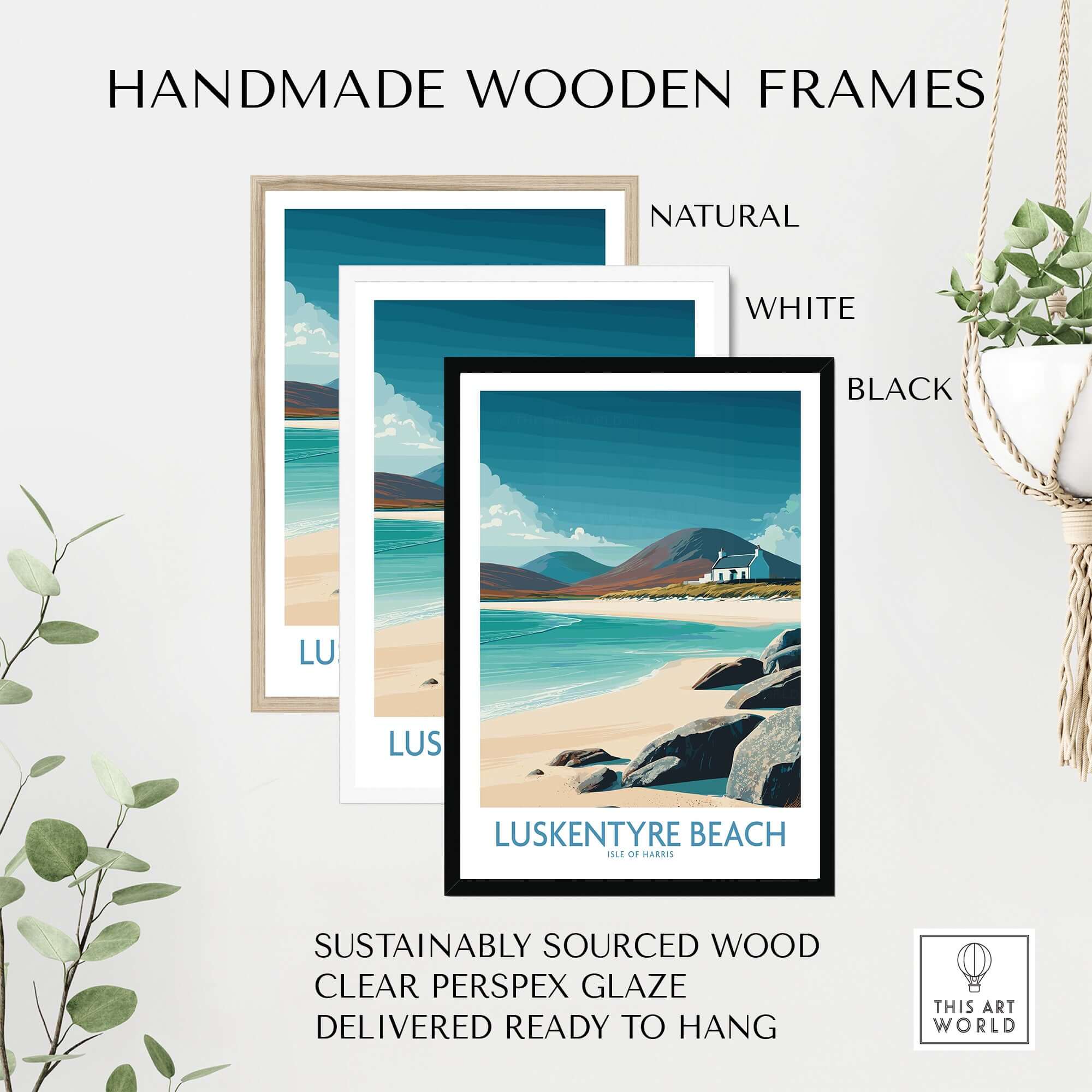Luskentyre Beach Isle of Harris Wall Art Turquoise Water Seascape Poster - Hebridean Travel Print framed in natural, white, and black wooden frames.
