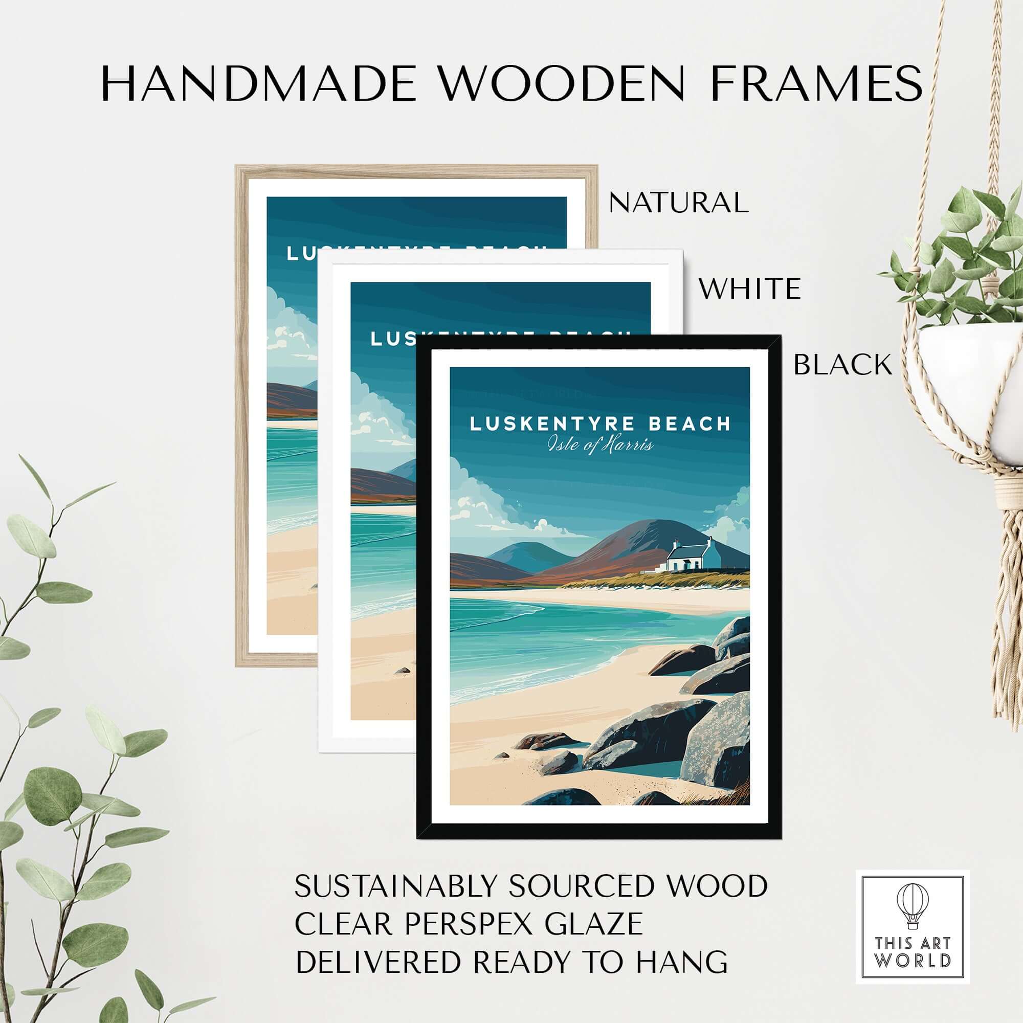 Handmade wooden frames for Luskentyre Beach Print Isle of Harris White Sand Coastal Poster - Scottish Island Wall Art.