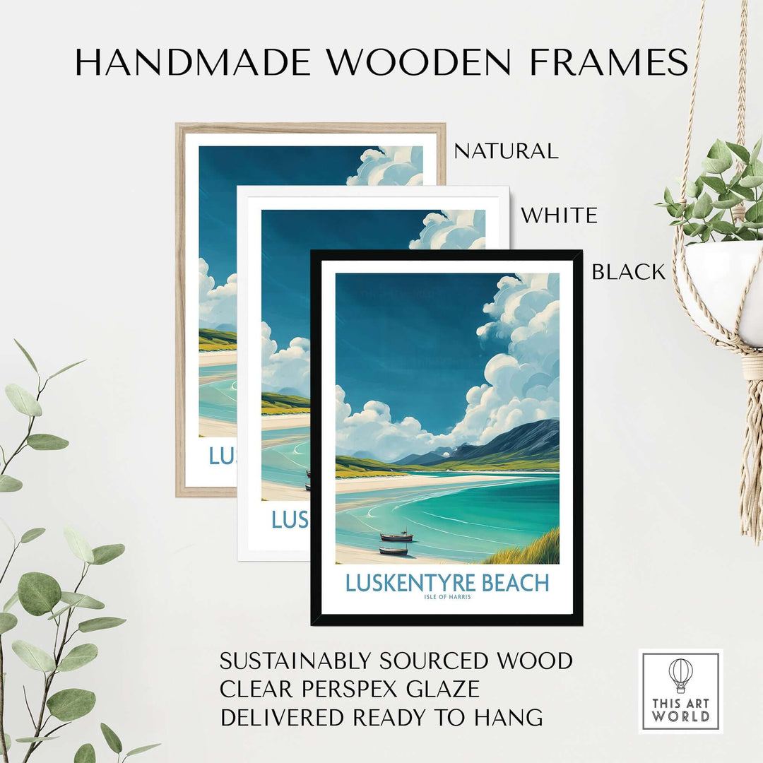Handmade wooden frames for Luskentyre Beach wall art in natural, white, and black finishes.
