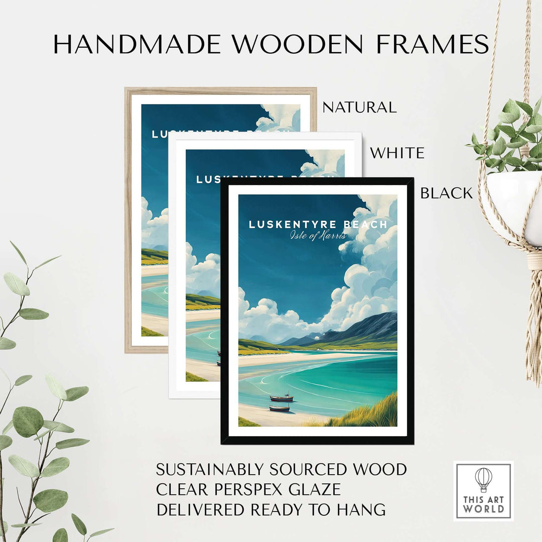 Handmade wooden frames in natural, white, and black for Luskentyre Beach prints, ready to hang and eco-friendly.