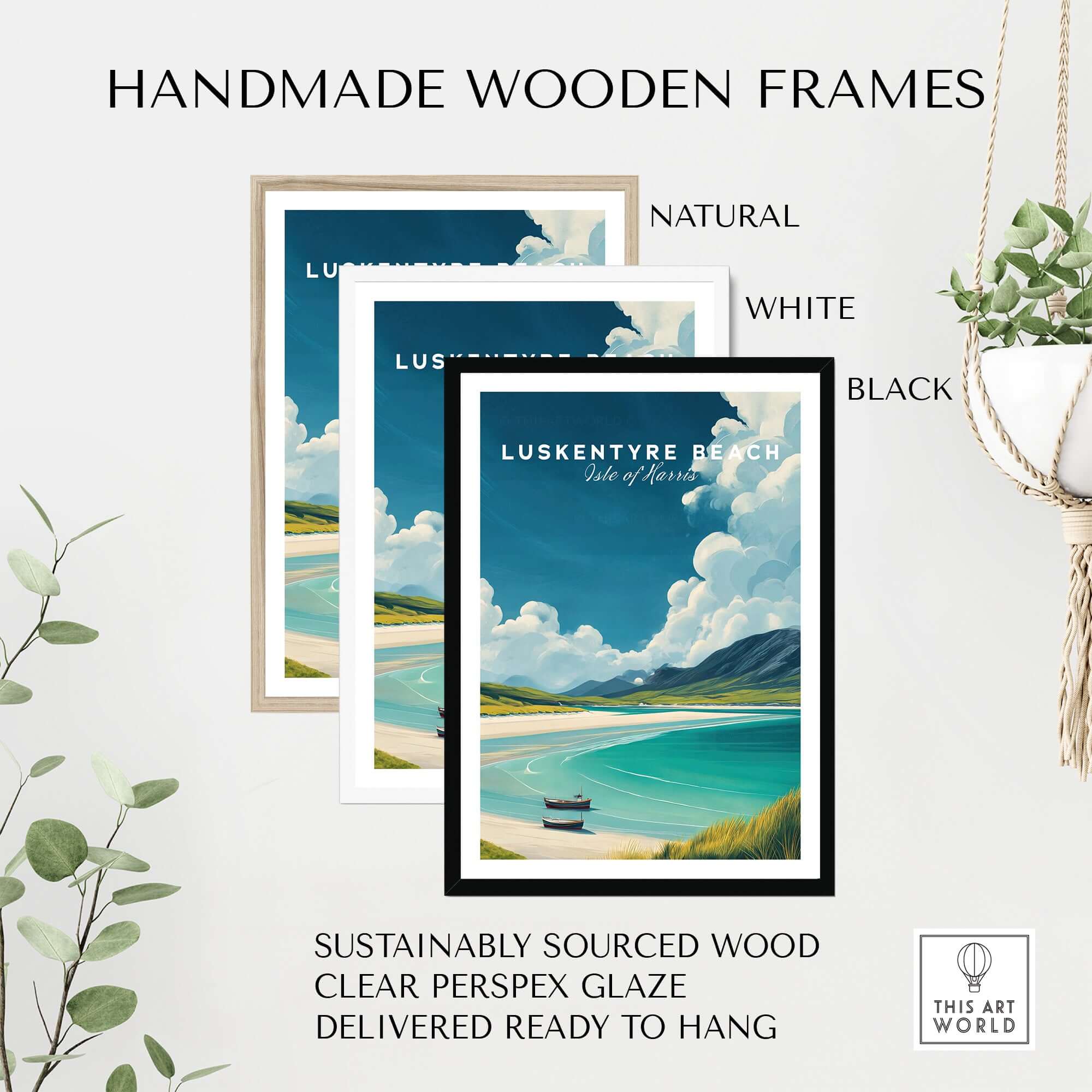 Luskentyre Beach Print Isle of Harris Print - Scottish Coastal Landscape Poster framed in handmade wooden frames.