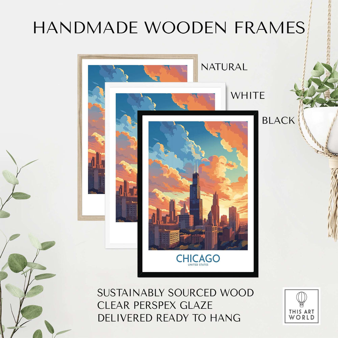 Handmade wooden frames in natural, white, and black showcasing a Chicago travel poster with a sunset skyline.
