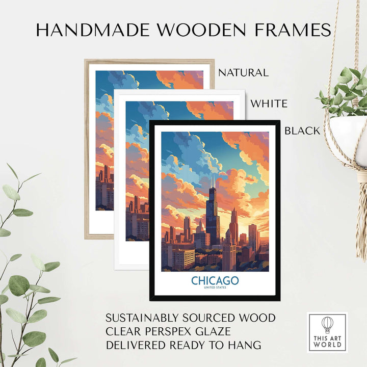 Handmade wooden frames in natural, white, and black showcasing a Chicago travel poster with a sunset skyline.