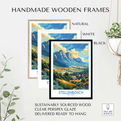 Stellenbosch travel poster in handmade wooden frames: natural, white, and black. Beautiful South Africa wall art.