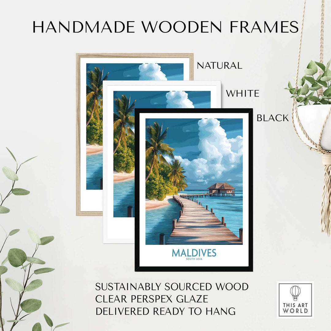 Maldives Wall Art Print - Beach displayed in handmade wooden frames, showcasing natural, white, and black options.