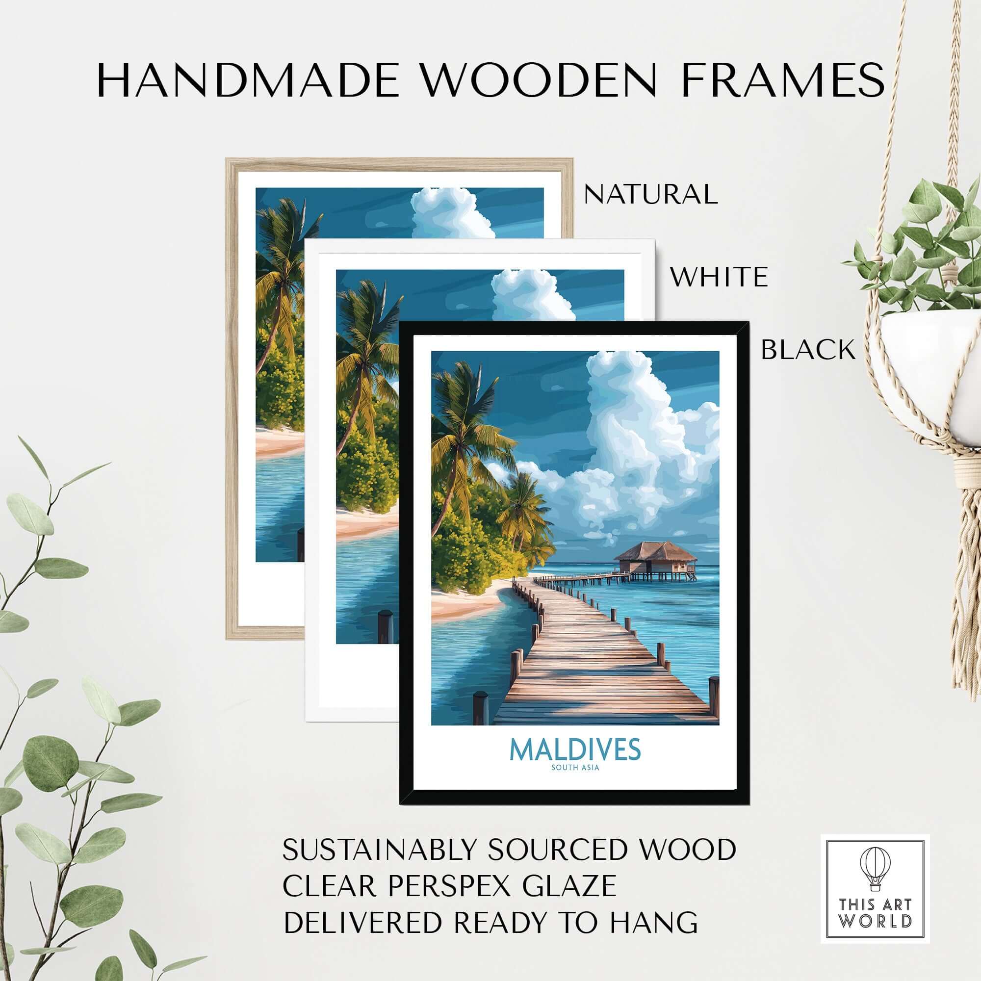 Handmade wooden frames in natural, white, and black for Maldives Wall Art Print - Beach, made from sustainably sourced wood.