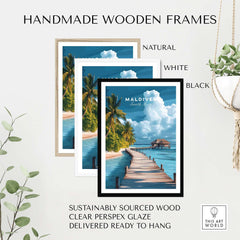 Maldives Travel Print - Beach Scene showcased in handmade wooden frames in natural, white, and black colors.