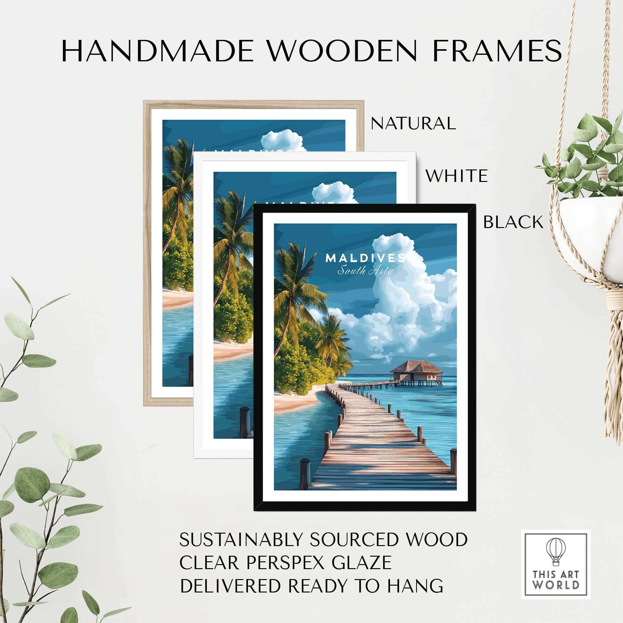 Maldives Travel Print - Beach Scene showcased in handmade wooden frames in natural, white, and black colors.