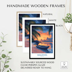 Maldives Wall Art Print - Sunset displayed in three handmade wooden frames: natural, white, and black, showcasing tropical beauty.